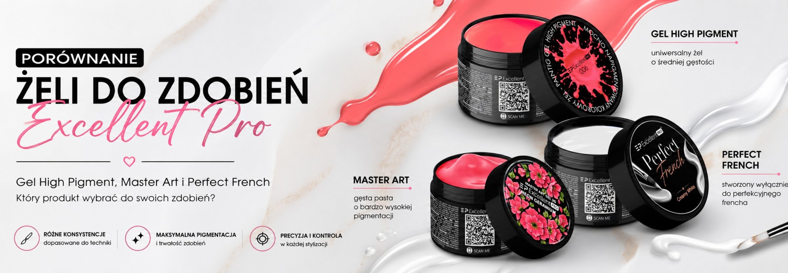 Porovnanie gélov na zdobenie Excellent PRO - Gel High Pigment, Master Art a Perfect French